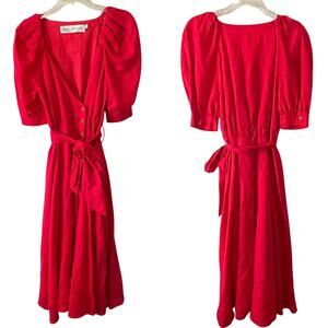 Fame & Partners Red Linen Blend Tie Waist Midi Dress Button Down Size 2